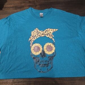 Teal Skull Graphic T-Shirt with Sunflower Design
